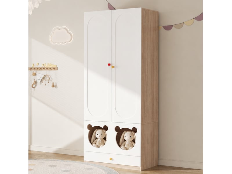  Armoire enfant deux portes 80x50x200 cm - blanc-bois-contraste de couleurs avec design ours  - Conforama B
