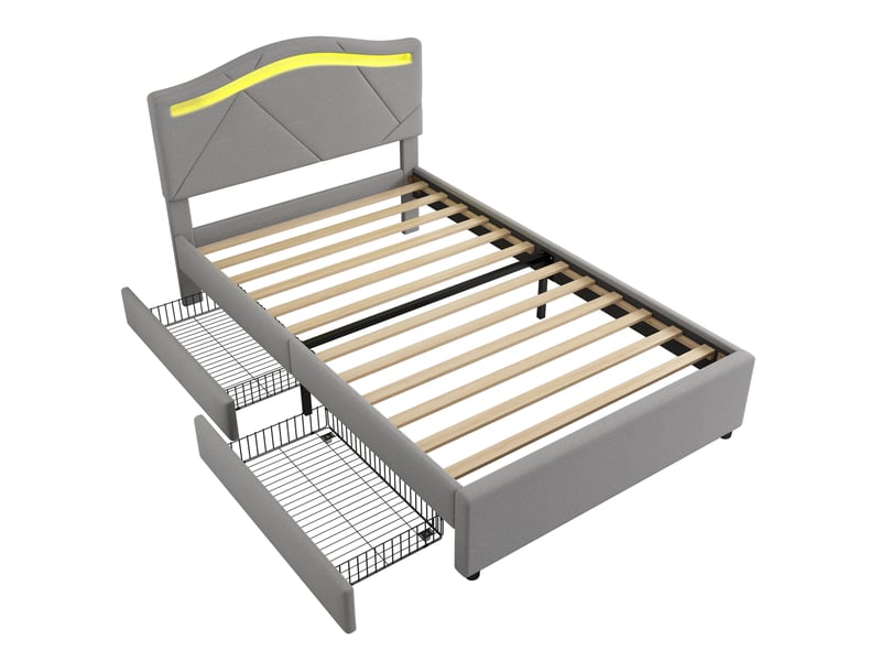  Lit 90x200 cm gris en lin, led, 2 tiroirs, tête de lit réglable, sommier, style minimaliste  - Conforama D