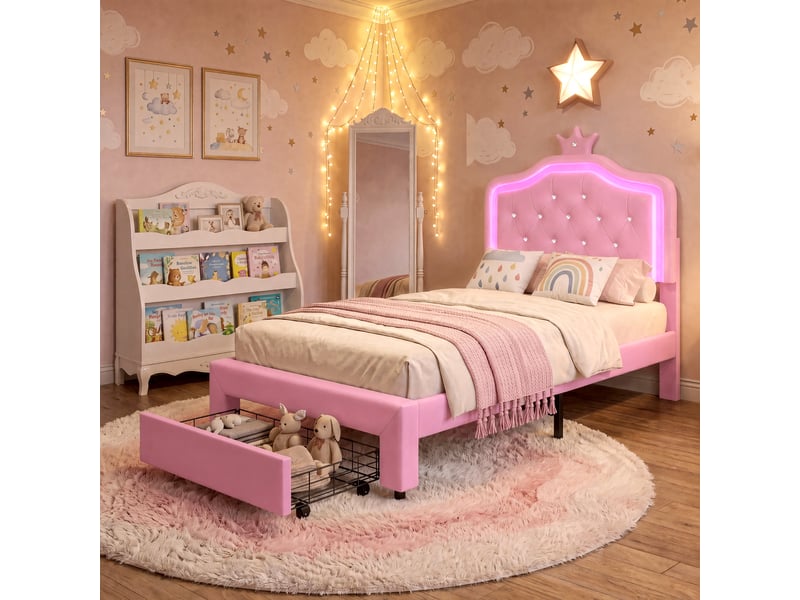 Lit enfant 90x200 cm avec 1 tiroir, lit simple en pu rose avec tête de lit en forme de couronne réglable et éclairage led, structure de lit avec sommier à lattes  - Conforama D