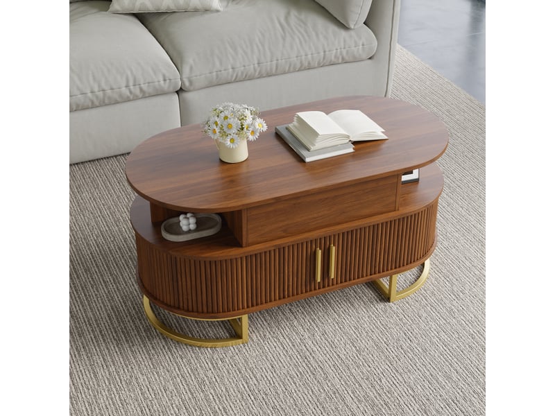  Table basse relevable ovale 100x50 cm avec rangement caché et portes coulissantes, plateau élévateur en mdf, design bois noyer - noyer  - Conforama D