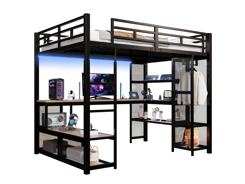  Lit mezzanine 140x200 cm noir en métal et mdf avec bureau, led et usb  - Conforama A