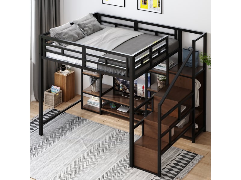  Lit mezzanine 140x200 cm avec support tv, prise électrique et échelle de sécurité, structure métal et bois, lit superposé noir avec rangement pratique  - Conforama D