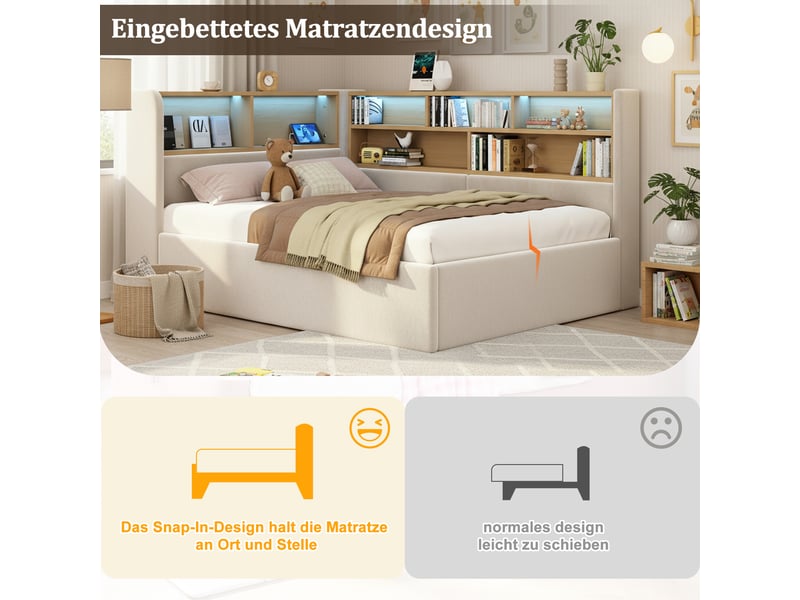  Canape lit 90x200 cm avec rangement hydraulique, lit rembourré, lit de jour avec led, usb et dossier, structure de lit, beige  - Conforama E