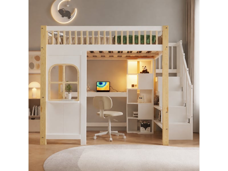  Lit mezzanine enfant 140x200 cm avec bureau, led, échelle de rangement, blanc et naturel  - Conforama B