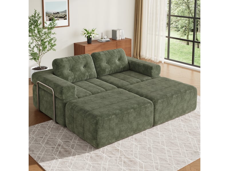  Canapé modulable en l vert 4 places 258 × 165 × 79 cm, chenille et pouf Fay Lum - Conforama E
