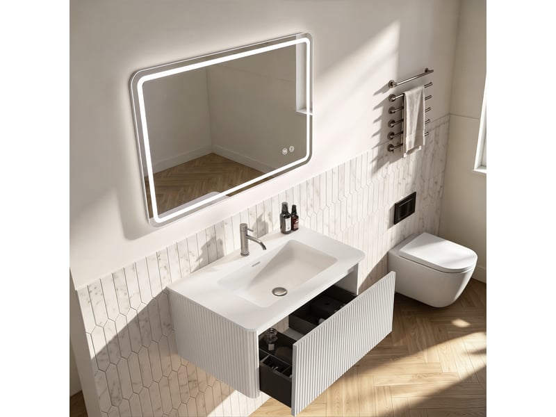  Ensemble meuble de salle de bain 80 cm avec vasque, miroir led 60x80 cm, blanc  - Conforama C