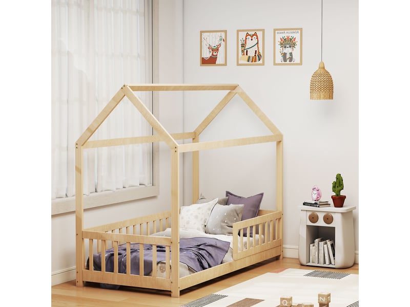  Lit cabane enfant en bois avec barrières de sécurité, pin naturel, 90x190 cm  - Conforama D