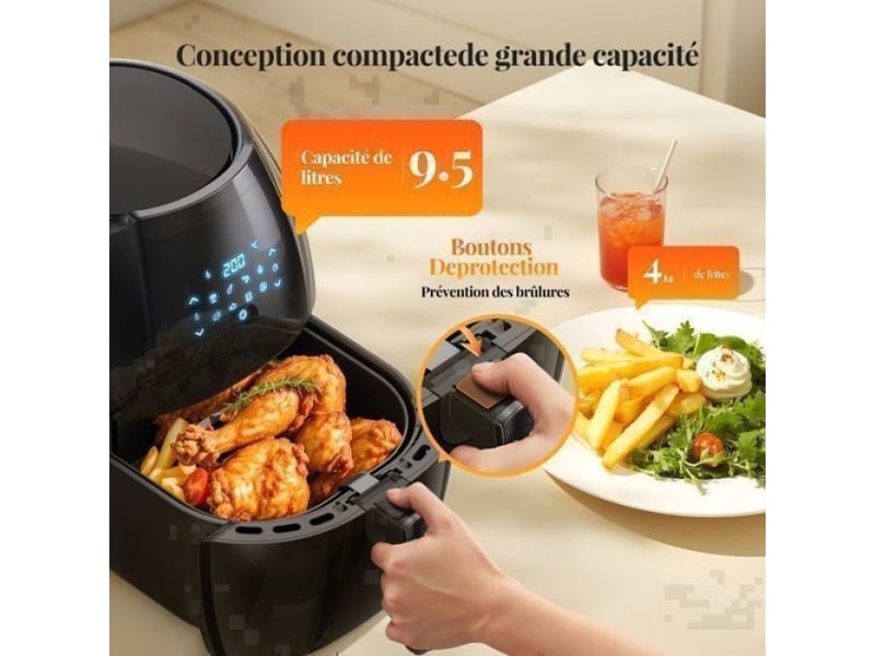  Friteuse a air noir sans graisse grand volume 9,5l 2000w, 8 modes cuisson réglage chaleur précis air fryer  - Conforama E