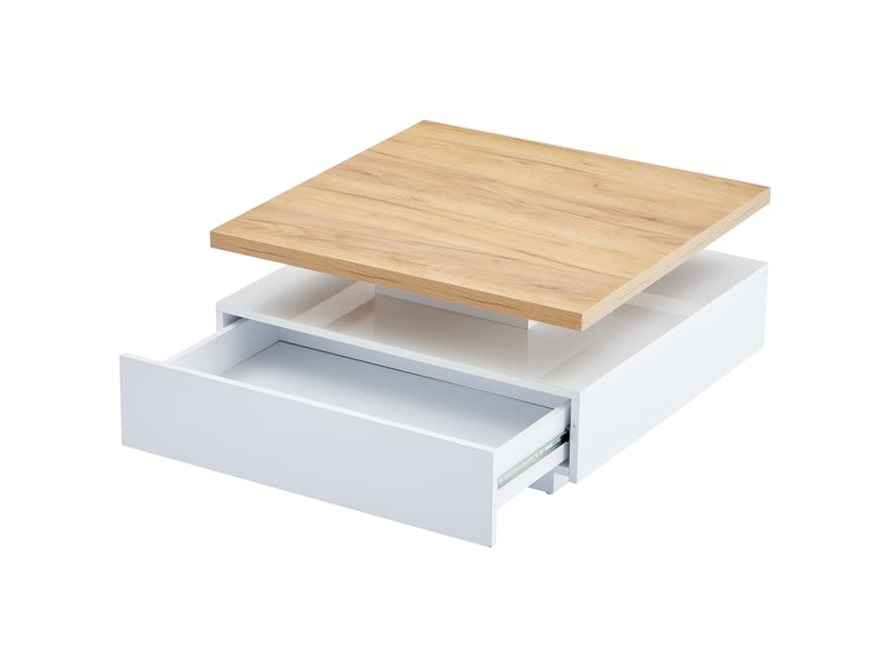  Table basse carrée pivotante à 360 degrés, blanc et noyer, 70 x 70 cm  - Conforama C
