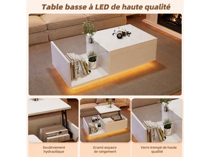  Table basse led blanche avec plateau relevable, rangement caché, 100 x 50 cm, blanc  - Conforama D