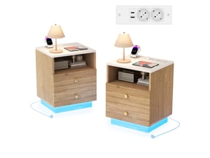 Lot de 2 tables de chevet 44x38x55cm avec led et station de charge, 2 tiroirs, en bois, chêne