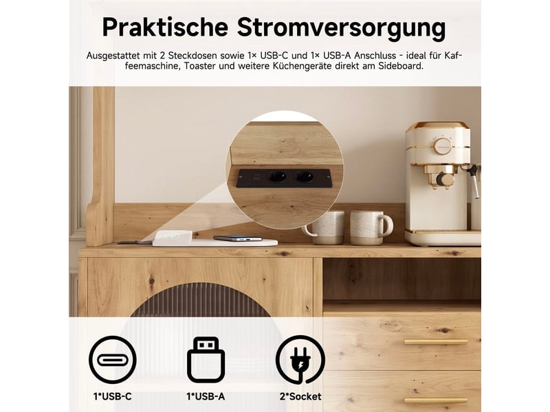  Buffet haut de cuisine avec 2 prises et ports usb-a et usb-c, portes en acrylique ondulé, bois, 100,5 × 40 × 178 cm  - Conforama E