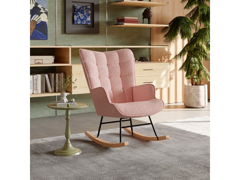  Fauteuil à bascule 60x75x92 cm avec dossier à carreaux, chaise de détente pour salon, chambre et bureau, tissu bouclé rose  - Conforama D