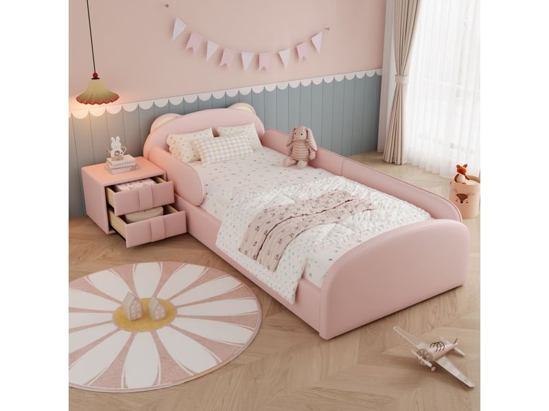  Lit enfant 90 x 200 cm tête de lit en forme d’ours table de chevet assortie bord anti-collision rembourré tête de lit rembourrée velours contreplaqué rose  - Conforama A