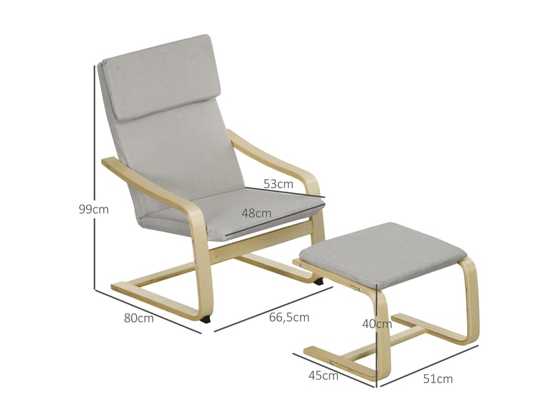  Fauteuil lounge avec repose-pieds, revêtement aspect lin, structure en bois, jusqu'à 120 kg, gris clairnaturel  - Conforama E