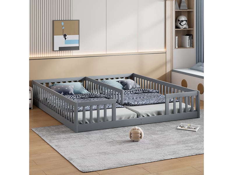 Lit enfant 90x200 cm - avec barrières de sécurité - sans sommier à lattes - bois de pin - style minimaliste - gris (sans matelas) - Conforama B