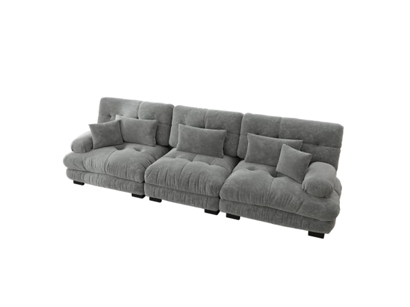  Canapé 3 places, canapé droit avec 3 coussins lombaires et 2 coussins décoratifs, structure en bois, en chenille, gris  - Conforama A