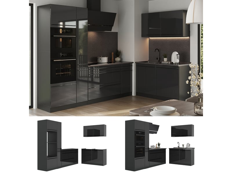 Vicco cuisine en angle, anthracite haute brillanceanthracite, 230 x 120 cm plan de travail anthracite - Conforama D