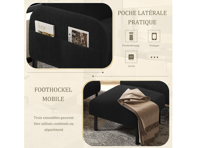Ensemble de canapés 2 places avec fauteuil et repose-pieds, pochette latérale, dossier, pour le salon, velours, noir - Conforama E