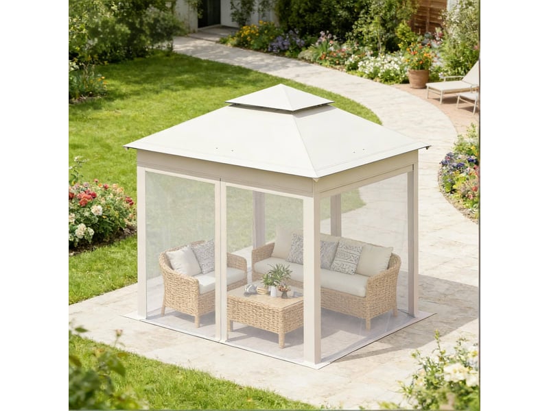 Tonnelle pliante 300 x 300 x 276 cm beige en tissu oxford et acier, double toit ventilé, moustiquaires amovibles - Conforama D