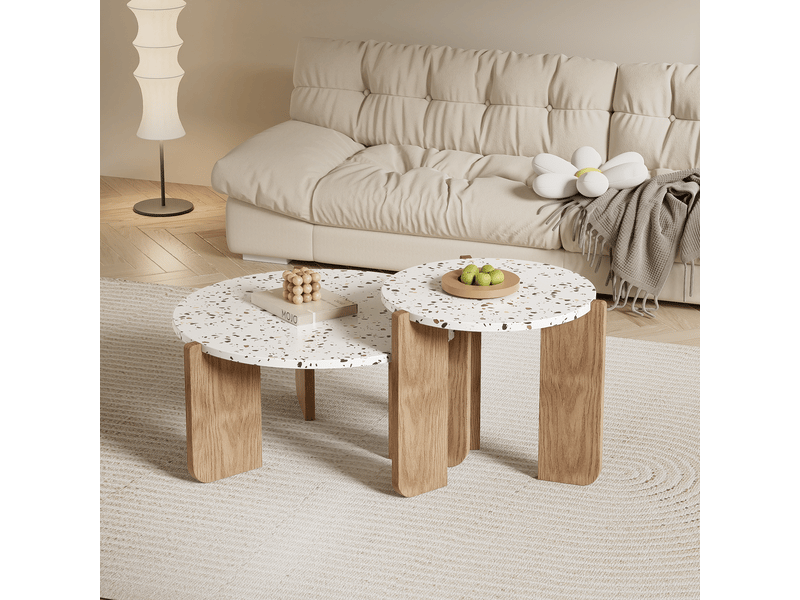  Ensemble de tables bassse modernes 2 pièces, tables gigognes rondes pour salon - structure en mdf solide - blanc + bois - 70x70x35 + 50x50x45,5 cm  - Conforama B