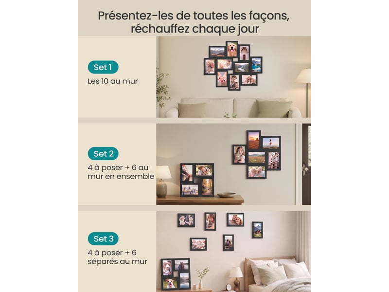 Cadre photo multiple, pêle-mêle mural pour 10 photos, noir  - Conforama E