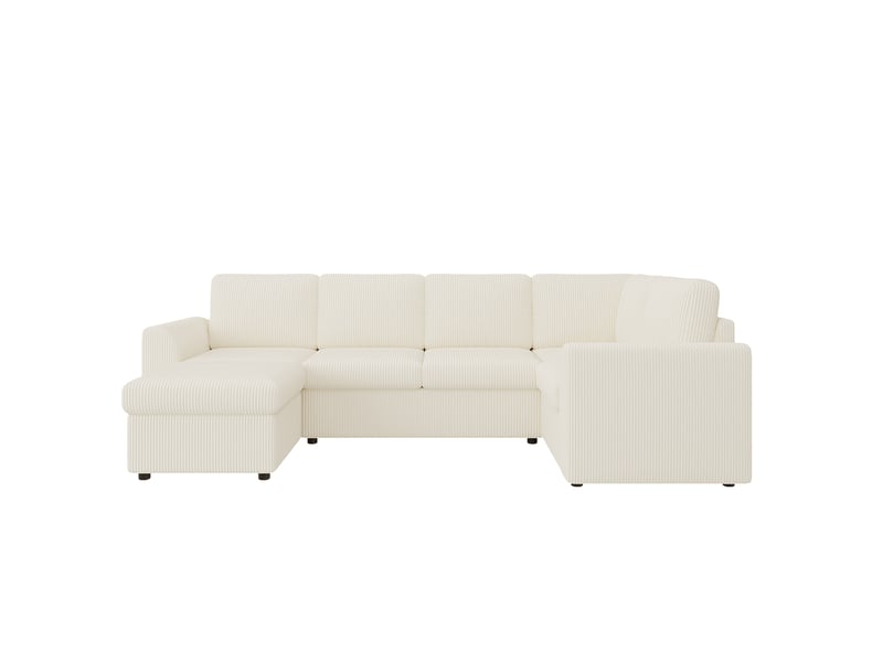 Canapé d'angle 3 places avec fonction couchage et pouf coffre - pieds hauts velours côtelé beige - Conforama A