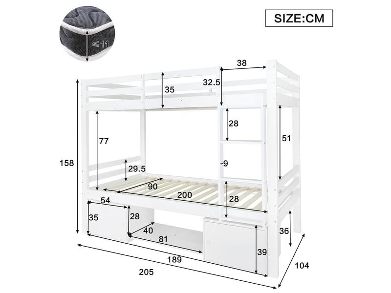  Lit superposé 90x200cm -  séparable en 2 lits - lit enfant - avec étagères, armoire, bois massif, design moderne, blanc  - Conforama C