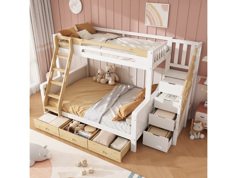  Lit superposé familial 90 x 200 140 x 200 cm en bois, escalier de rangement, échelle, 3 tiroirs, blanc et bois naturel evarich - Conforama B