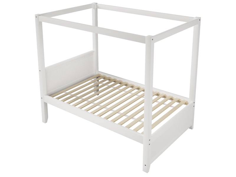  Lit baldaquin 90x200 cm blanc en bois et mdf, cadre à toit ouvert à lattes verticales, style nordique  - Conforama D