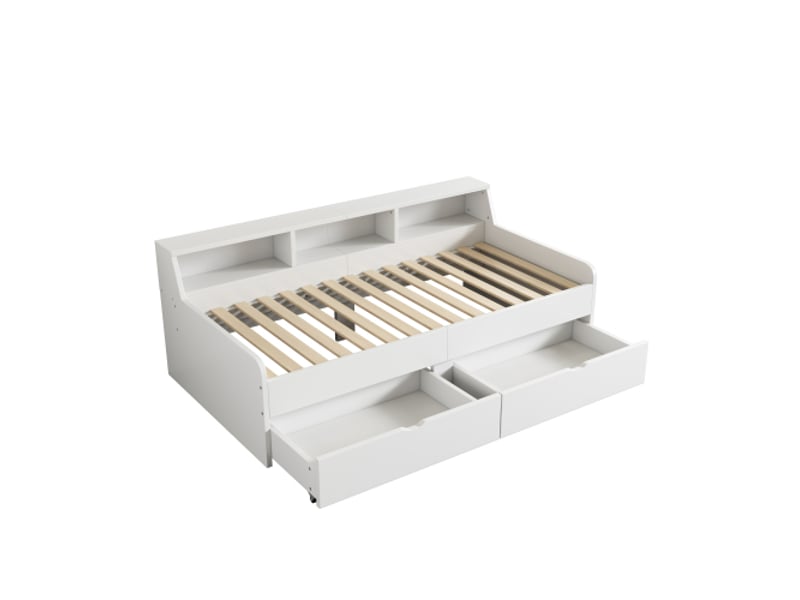  Lit enfant 90x200 cm, lit simple, avec 2 tiroirs et un compartiment de rangement, sans matelas, blanc  - Conforama E