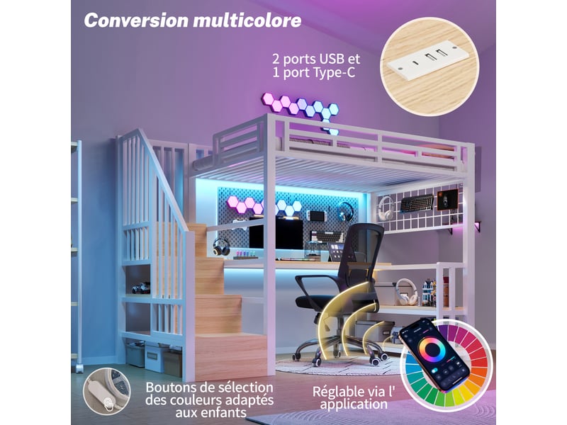  Lit mezzanine enfant 90x200cm, avec bureau, escalier de rangement, grille suspendue, led, 2 usb et 1 usb-c, métal, blanc evarich - Conforama D
