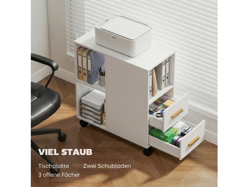  Caisson mobile à roulettes avec 2 tiroirs, 3 niches et étagère réglable pour bureau en bois blanc 60 × 30 × 65 cm  - Conforama D