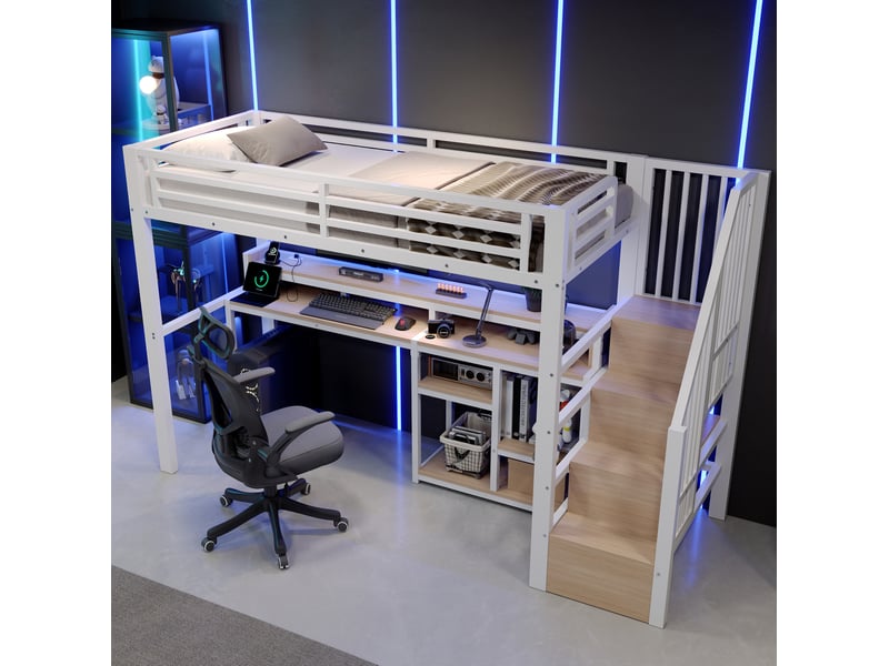  Lit mezzanine 90x200 cm avec rangements, led et ports usb et type c en métal et mdf blanc  - Conforama D
