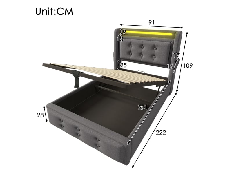  Lit coffre 90 x 200 cm avec matelas, led, prises et usb-c - gris  - Conforama E