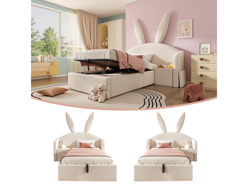  Lit coffre 90x200 cm avec sommier relevable à vérins, sans matelas, beige  - Conforama B
