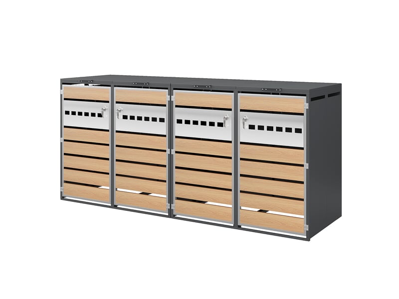  Abri pour bacs à déchets quatre compartiments verrouillables en métal gris et effet bois  - Conforama A