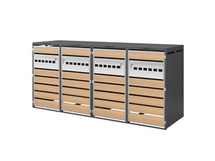 Abri pour bacs à déchets quatre compartiments verrouillables en métal gris et effet bois