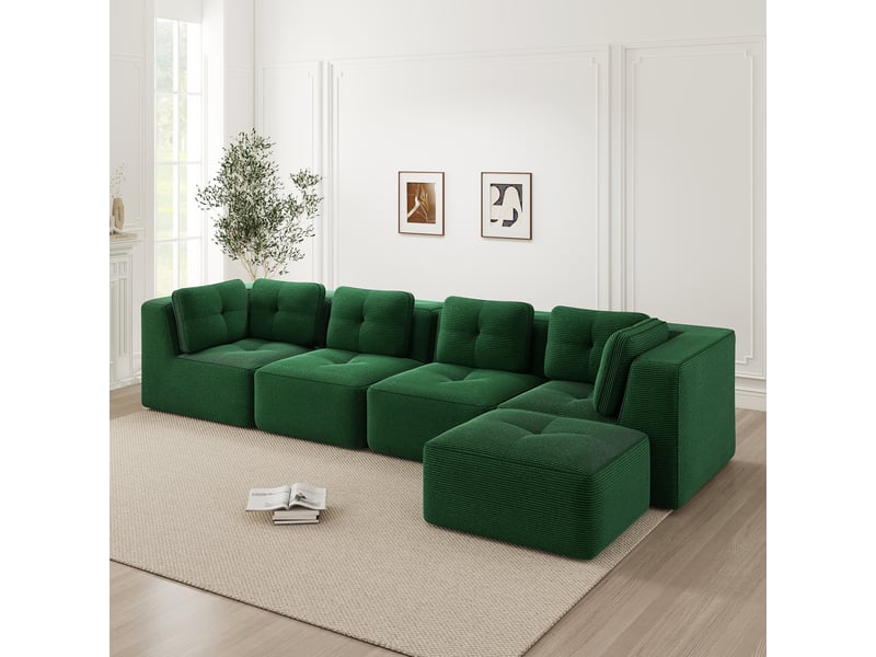  Canapé d'angle modulaire sans armature avec assise profonde et coussins moelleux, en corduroy vert  - Conforama D