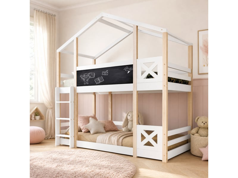 Lit mezzanine enfant 90x200 cm avec échelle, 2 sommiers, blanc et naturel  - Conforama B