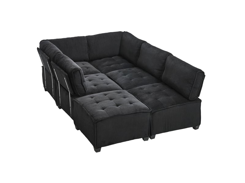  Canapé d'angle 6 pl 308x154x82cm, assise en mousse, revêtement velours, accoudoir, convertible avec poches de rangement, noir  - Conforama A