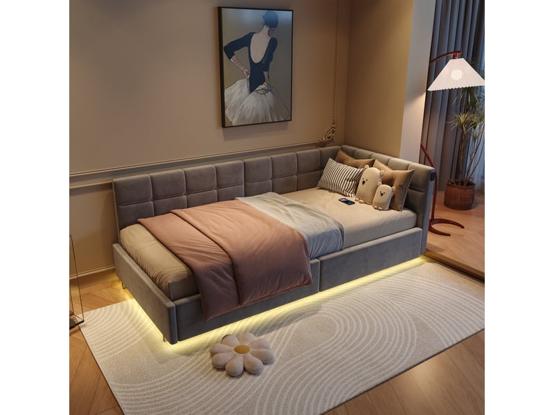 Lit simple coffre - 90 x 200 cm-gris - lit de jour rembourré avec led rvb, ports usbtype-c et vérins hydrauliques - Conforama E