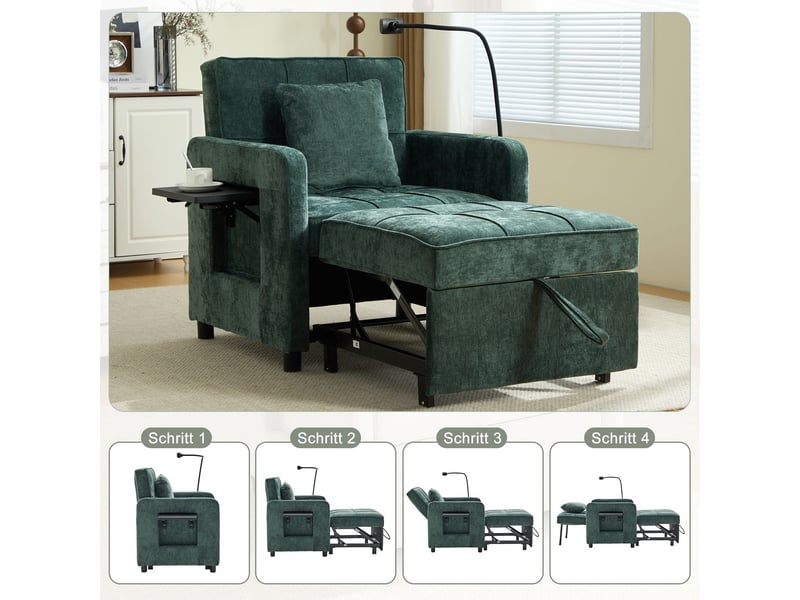  Chaise fauteuil convertible deux-en-un fauteuil-lit une place revêtement chenille coussin inclus poches latérales petite tablette intégrée poche de rangement latérale  - Conforama E