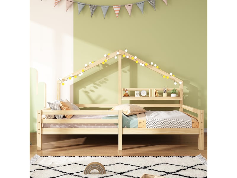 Lit cabane pour enfant avec étagère en forme de cheminée, 90x200 cm, naturel - Conforama E