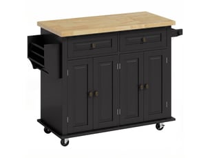 Desserte de cuisine multi rangements 2 tiroirs 2 placard 2 portes étagère range-bouteille porte-torchons mdf noir hévéa