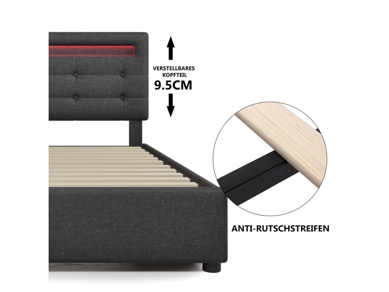 Lit enfant 90x200 cm, led, tiroirs, rangement, tête de lit réglable, sommier, lin gris, sans matelas - Conforama E