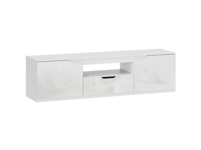  Meuble tv bas en bois blanc 160 cm avec 2 portes, tiroir et gestion des câbles  - Conforama A