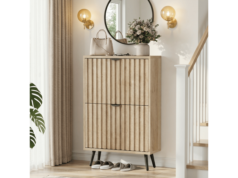  Meuble à chaussures 60cm bois naturel - meuble de rangement entrée avec 2 abattants et pieds en métal  - Conforama C
