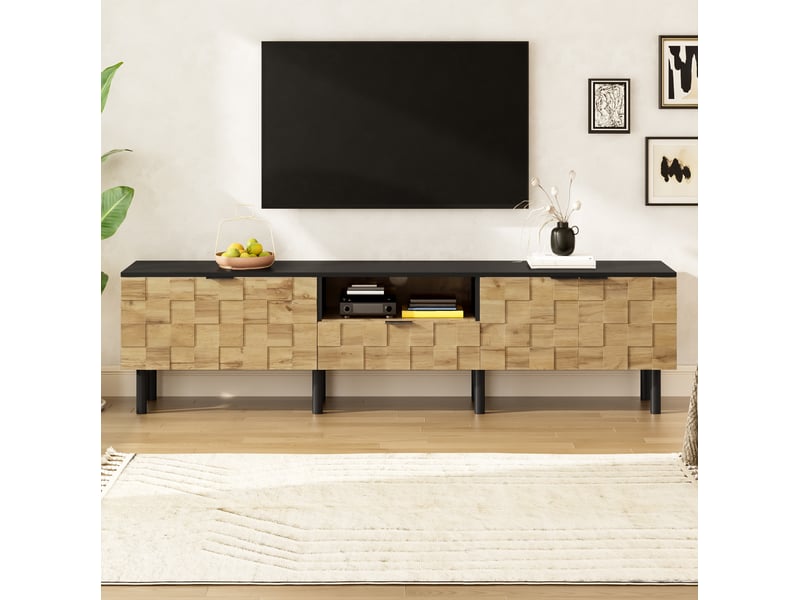  Meuble tv modenvie 170 x 35 x 44,5 cm 2 portes tiroir niche ouverte décor bois naturel et noir  - Conforama E
