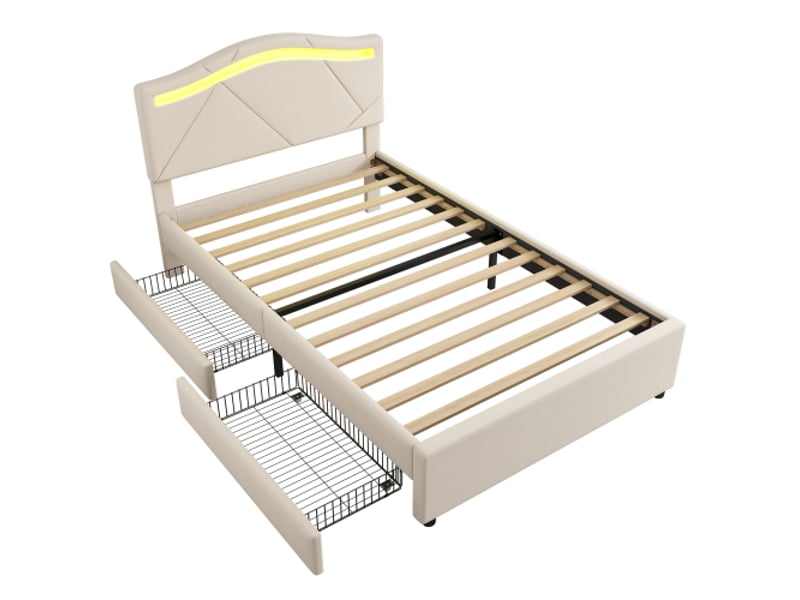  Lit capitonné 90x200 cm avec sommier à lattes, éclairage led, 2 tiroirs, tête de lit réglable - lin beige  - Conforama D